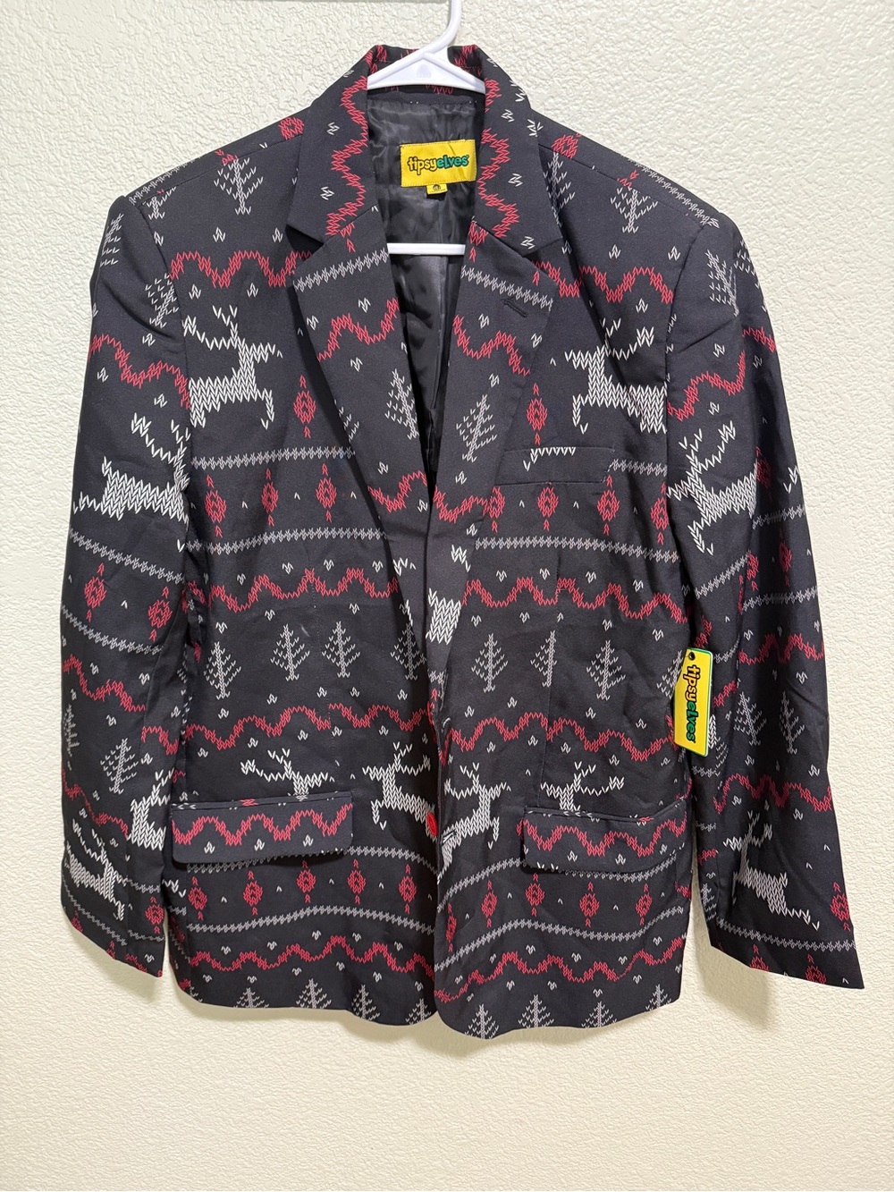Tipsy Elves Black Blazer with Red and Gray Holiday Motif